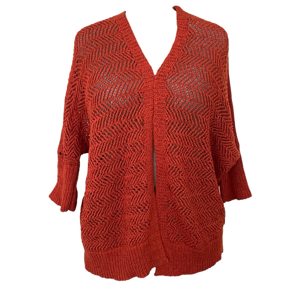 Tahari open knit cardigan burned orange 3/4 sleeve open front cotton blend Sz: S